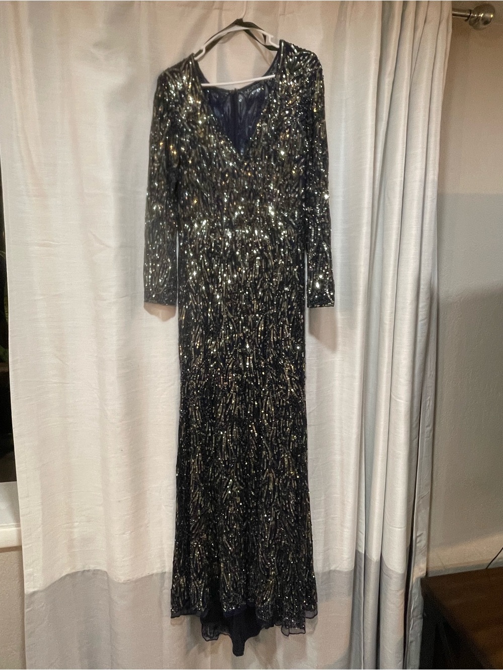 Mac Duggal Black and Gold Long Sleeve Sequin Gown